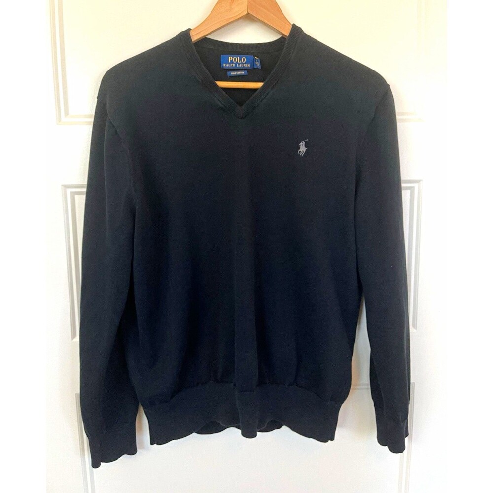 Polo Ralph Lauren Men's Black Pima Cotton Knit V-Neck Pullover Logo Sweater M